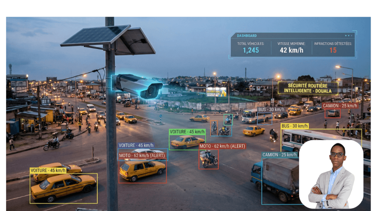 An AI-powered dashboard showing real-time road traffic analysis and object detection.